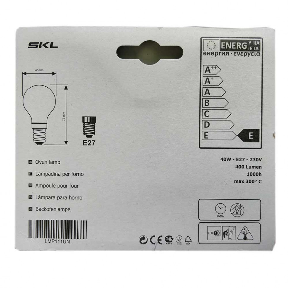 Лампочка для духовки 40W, E27, 300°C, 230V (481281728357, CU4417), WP004